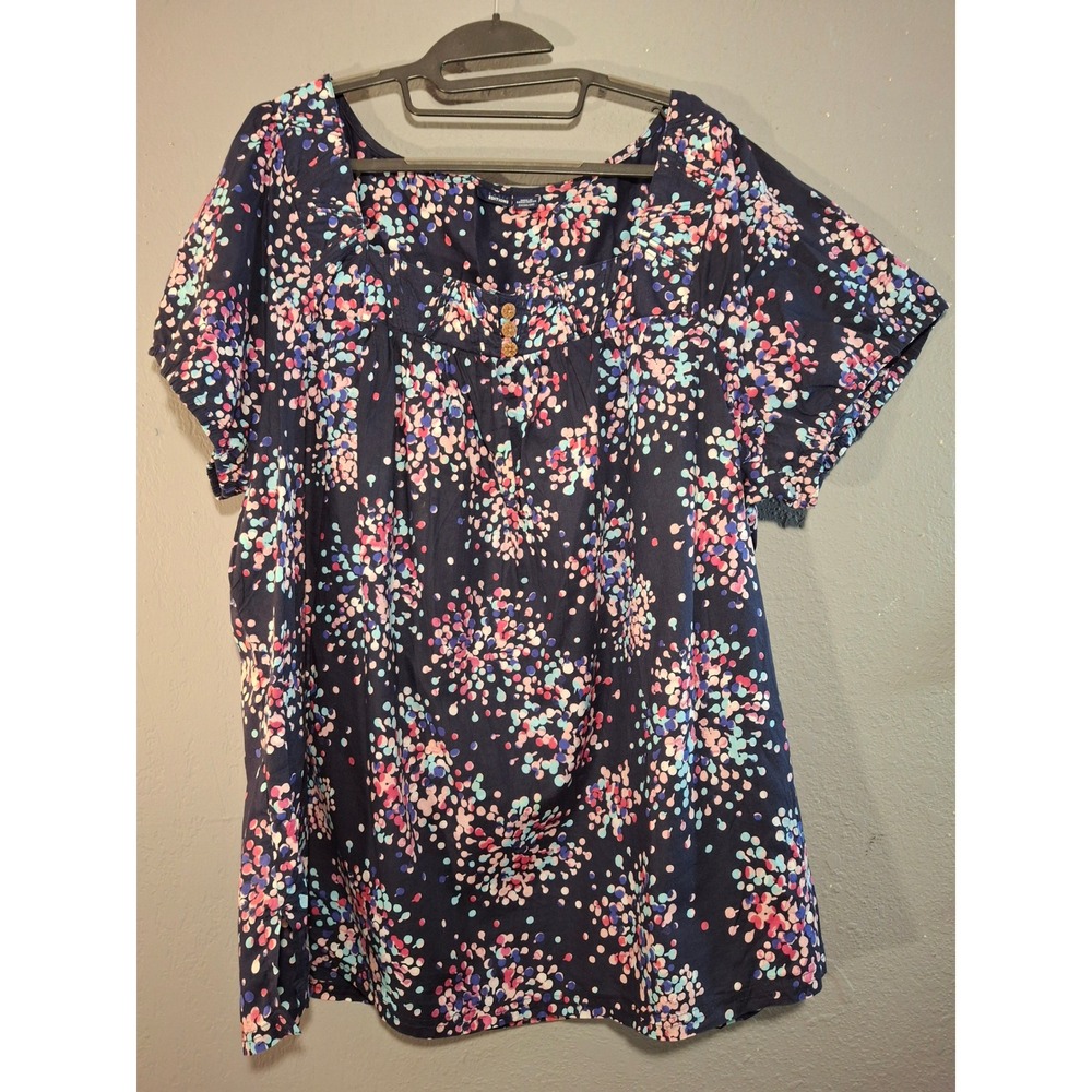 Basic Editions Navy Confetti Polka Dot Cotton Blouse Square Neck Top 3X 26/28